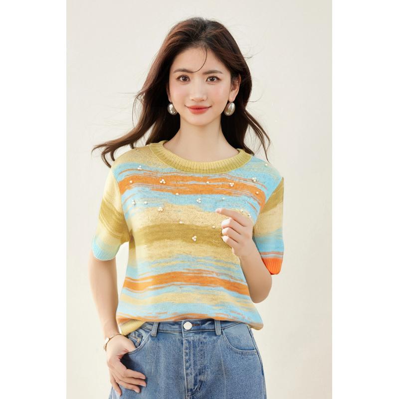 Tシャツ レディース おしゃれ 夏 クルーネック グラデーション レインボー ニット 半袖 若見え 上品 トップス