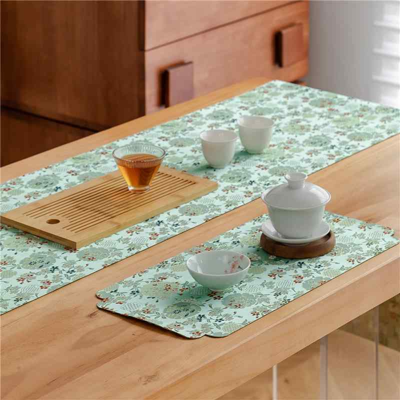 テーブルランナー 帯 芸術的 錦織 ティーマット 生地 防水 茶道 フラッグ レトロ 禅 断熱 パッド アジア チャイナ風 柔らかい ロング 花柄 ゴールド 緑