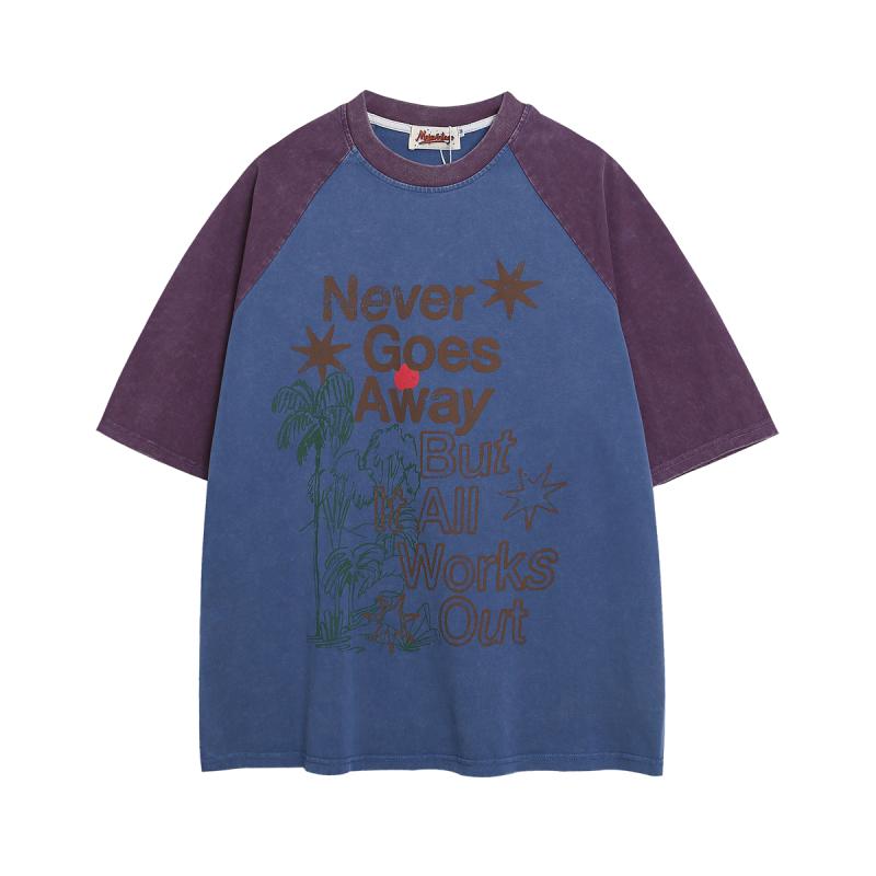 Tシャツ レディース おしゃれ 半袖 ラグラン ヤシ柄 英字プリント 切り替え バイカラー 夏 ヴィンテージ風 学院風 カジュアル