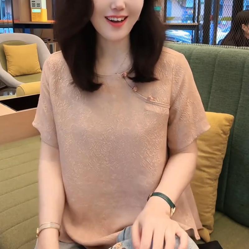Tシャツ レディース おしゃれ 40代 ピンク 半袖 ラウンドネック ジャカード チャイナボタン 中華風 大きいサイズ 夏 上品