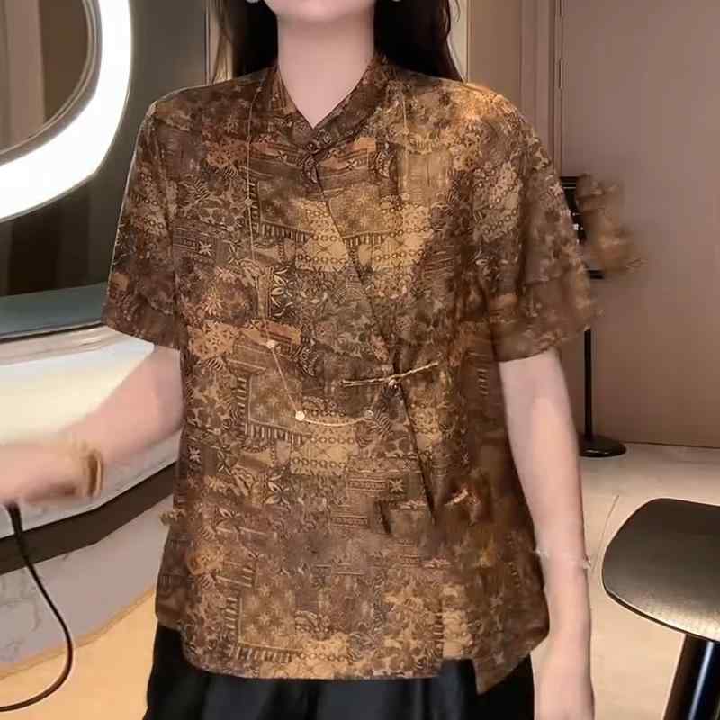Tシャツ レディース おしゃれ 40代 ブラウン スタンドカラー 半袖 パンクボタン 中華風 レトロ 上品 大きいサイズ 夏｜フロントップ店