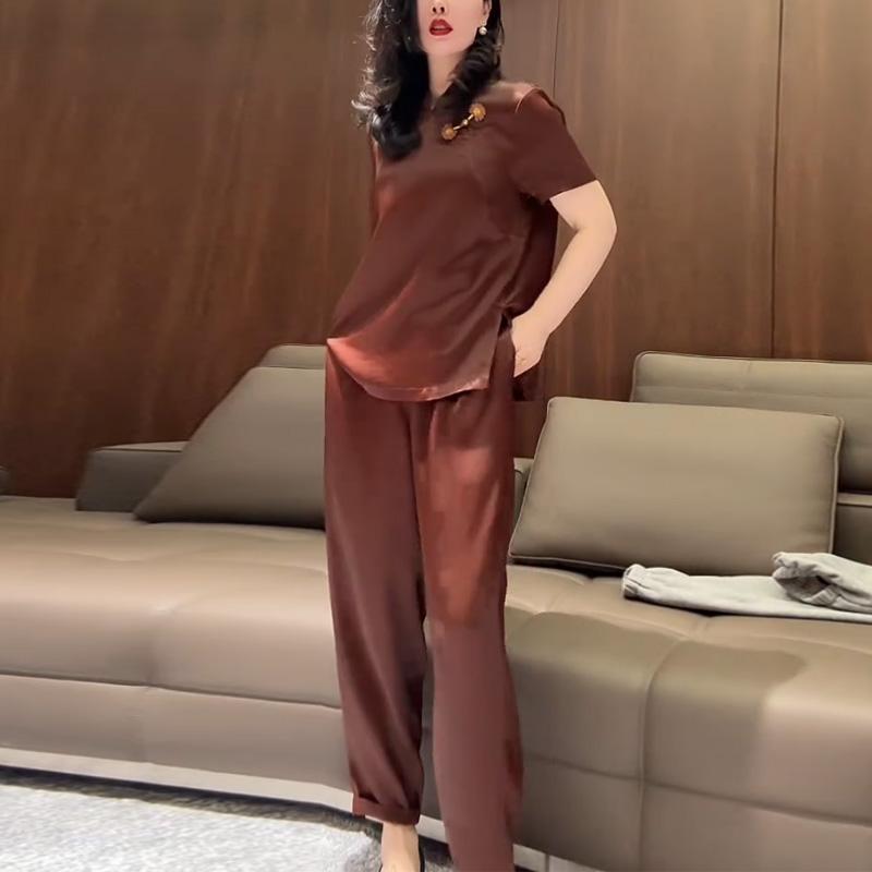 セットアップ レディース 今めかしい 40代 赤銅色 半袖 ラウンドのど首 体型取りまかなう 夏 ゆったり 分かりやすい 大層らしい大きさ 上下 コーデ 心地よい