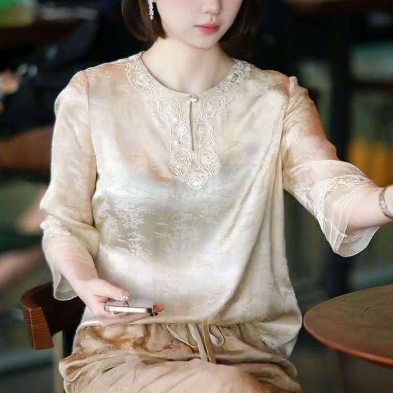 Tシャツ レディース おしゃれ 40代 杏色 七分袖 クルーネック ジャカード 中華風 きれいめ 大きいサイズ 夏 上品