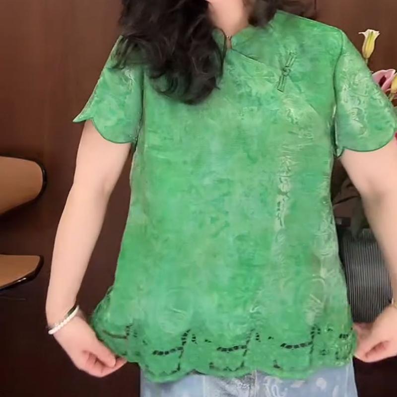 Tシャツ レディース おしゃれ 40代 緑 スタンドカラー 半袖 夏 中華風 レース 大きいサイズ 上品 トップス｜フロントップ店