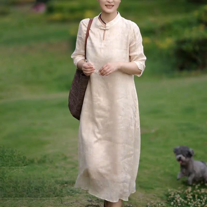 ワンピース レディース おしゃれ 40代 杏色 スタンドカラー 夏 ゆったり 中国風 上品 エレガント 体型カバー 大きいサイズ ヴィンテージ風|フロントップ店