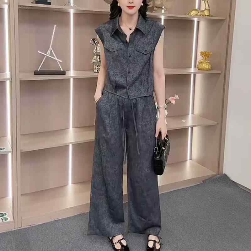 セットアップ レディース 今めかしい 40代 深薄墨色 ノースリーブ プルオーバー 広広としたズボン下 襟 夏 大層らしい大きさ 雅びやか 体型取りまかなう