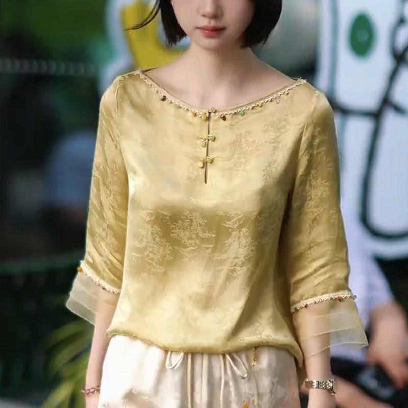 Tシャツ レディース おしゃれ 40代 杏色 七分袖 ラウンドネック 夏 中国風 軽やか 上品 メッシュ切替 大きいサイズ