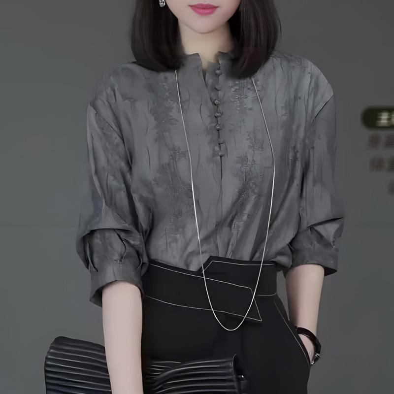 Tシャツ レディース おしゃれ 40代 グレー ジャカード ラウンドネック 大きめサイズ 春 通勤 きれいめ カジュアル トップス 体型カバー ヴィンテージ風