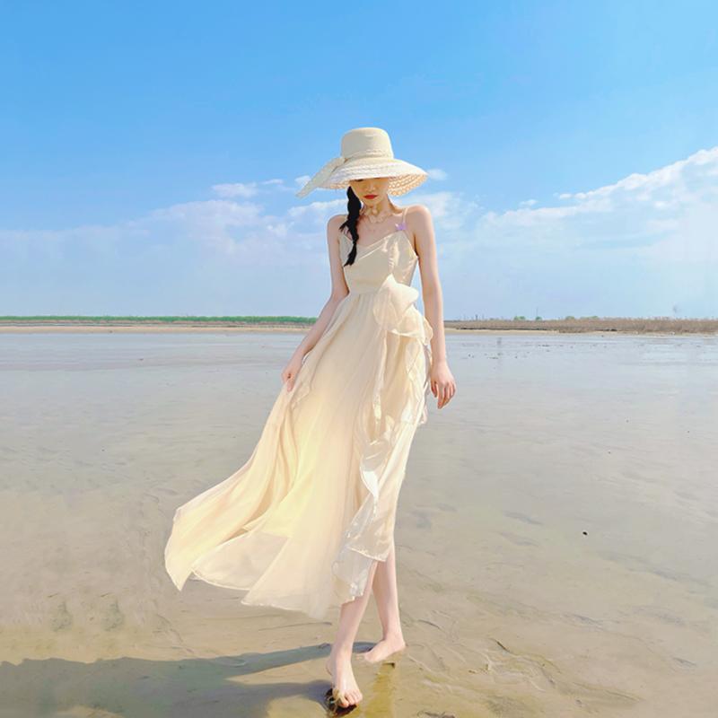 キャミワンピース 夏 レディース 今めかしい お上さん用 ノースリーブ ティーシャツ A伝達ルート フラウンス 砂浜 普段使い走り お出かけ 旅する 活動写真 映画化 ふんわり シフォン 無地 ベージュ 白