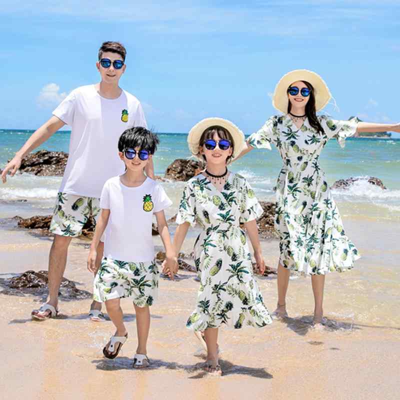親子 ペアルック ワンピース リゾート 旅行 リンクコーデ カジュアル おしゃれ 夏 ビーチ 母 娘 パイナップル Tシャツ パンツ セットアップ 薄手 Vネック 半袖