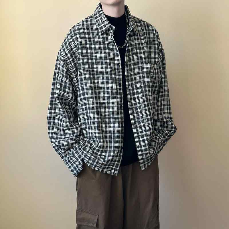 シャツ メンズ おしゃれ 長袖 黒白 チェック柄 春 シンプル しわになりにくい ゆったり カジュアル