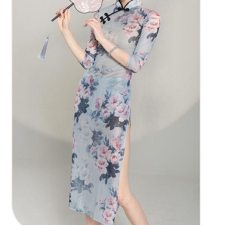 チャイナ風 レディース おしゃれ チャイナドレス セクシー スリット タイト 透け感 花柄 七分袖 レトロ 中国風 舞踊 コスプレ イベント