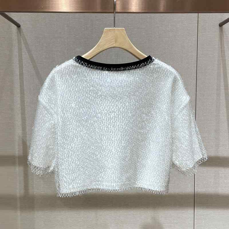 Tシャツ レディース おしゃれ カジュアル 春夏 ラメ きらきら スパンコール クロップド コントラストカラー ラウンドネック ロゴプリント 半袖 ショート丈