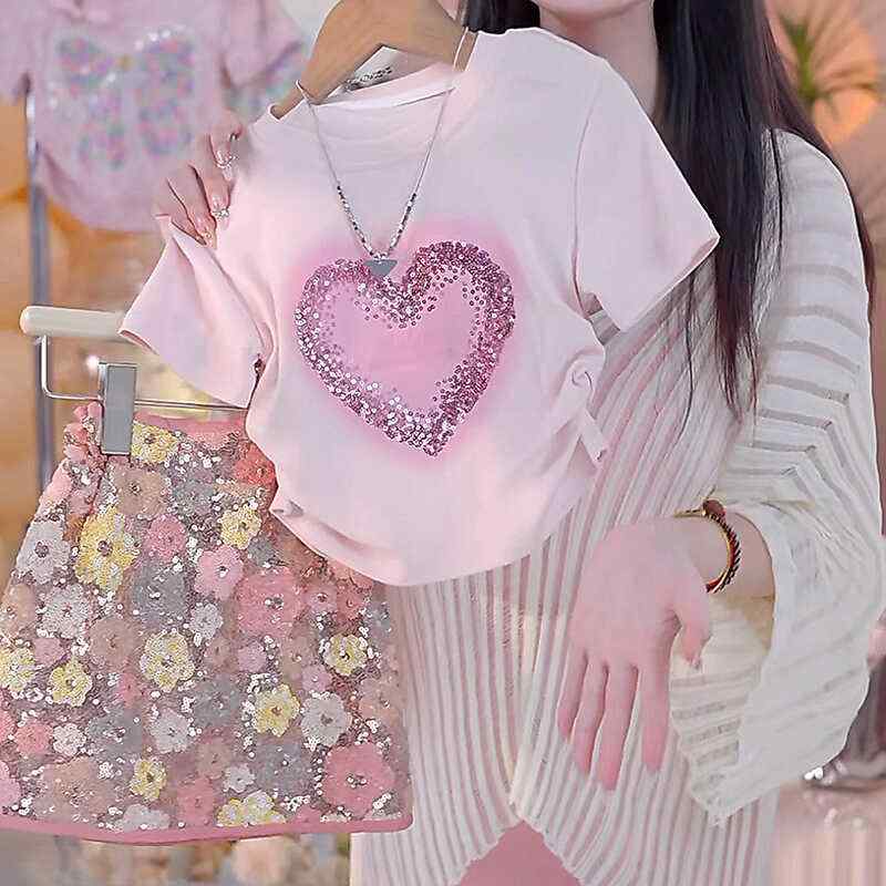 セットアップ 女の子 半袖 春夏 愛 ハート きらきら Tシャツ 花柄 タイトスカート ウエストマーク