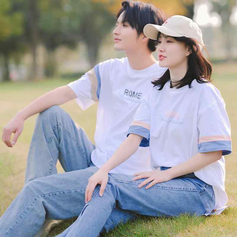 カップル ペアルック tシャツ メンズ レディース 夏 フレンチ 半袖 ゆったり シンプル 綿 ポリウレタン ラウンドネック 青 白 ピンク セット おしゃれ おでかけ 普段使い 大きいサイズ