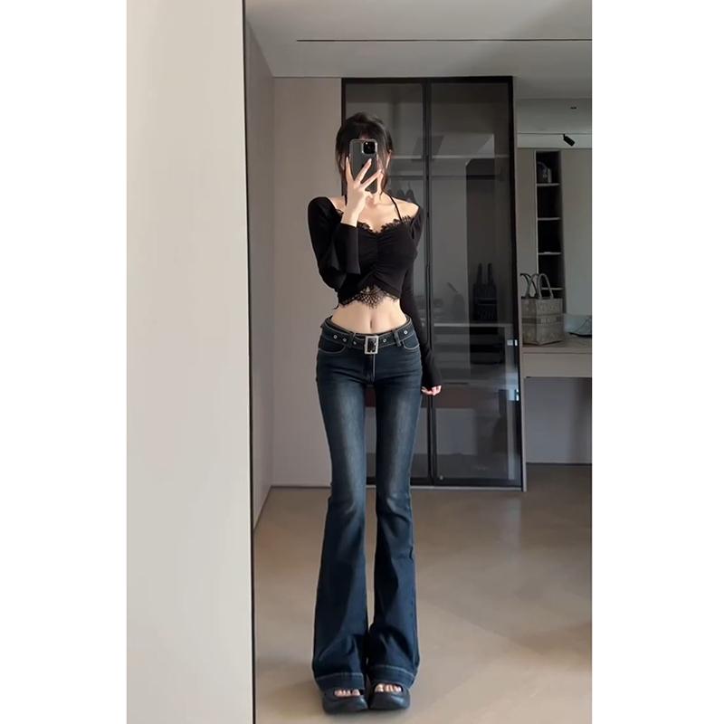 ブーツカットデニムパンツ レディース おしゃれ カジュアル ダークブルー 低いウエスト スリム 微フレア ロング丈 秋冬 高身長 体型カバー