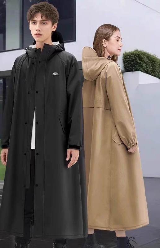 レインコート ロング丈 スクーター 男女兼用 大人 ポリエステル 前開き ジップアップ ボタン フード つば ポケット 防水 ゆったり シンプル おしゃれ 黒 白 青