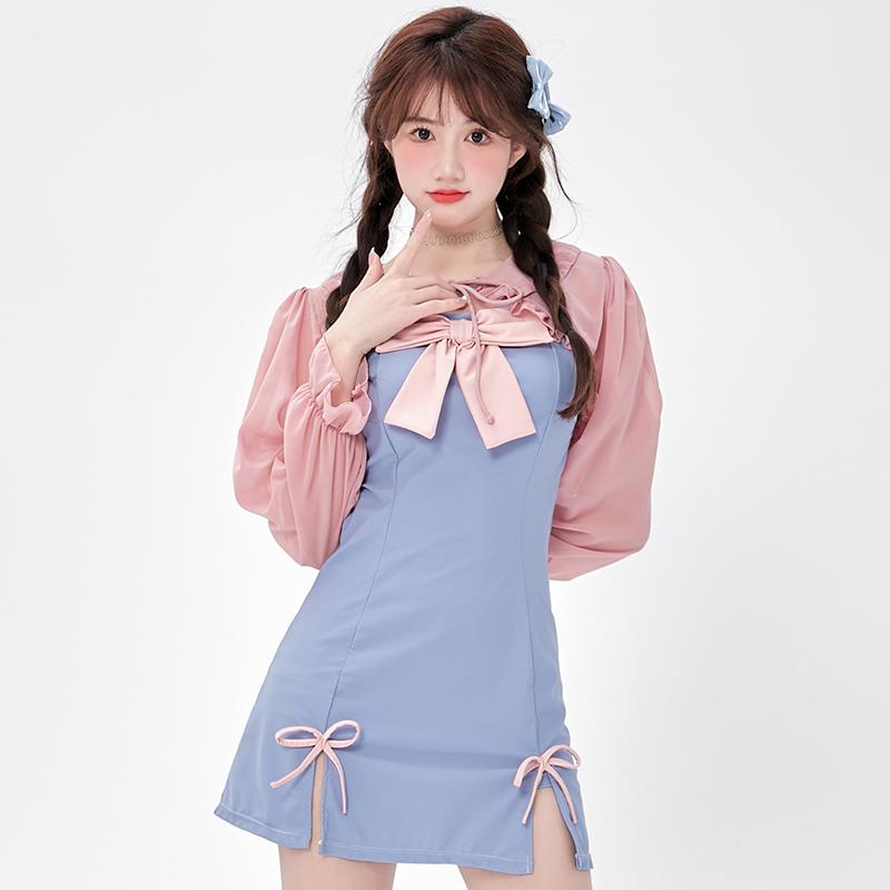 水着 かわいい レディース 大人 ワンピース セパレート 大きいサイズ 体型 二の腕 カバーアップ 長袖 胸パッド ノンワイヤー 透け感 フリル リボン 襟 日焼け対策 リゾート 海水浴 ビーチ プール 温泉 フェミニン ガーリー 青 ピンク
