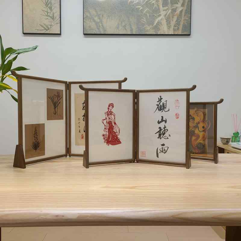 インテリア 置物 小さい 屏風 木 絵画 写真立て ディスプレイ フレーム チャイナ風 卓上 リビングルーム 玄関 キャビネット シンプル おしゃれ A4