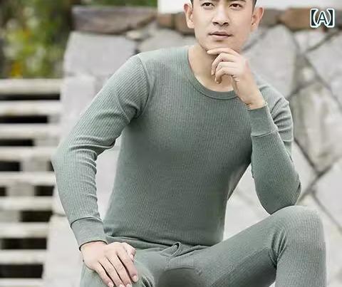 肌着 メンズ 綿 秋冬 上下セット インナー 下着 長袖 ラウンドネック ロング ズボン下 薄手 暖かい 柔らかい 色褪せしにくい 大きいサイズ ストライプ カーキ グレー 黒