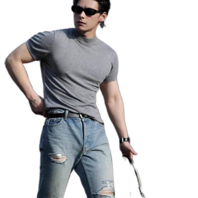 Tシャツ メンズ おしゃれ 半袖 半袖 シルケットコットン 涼しい ニット スリム アメリカン ストレッチ 高襟 ベーシック カジュアル