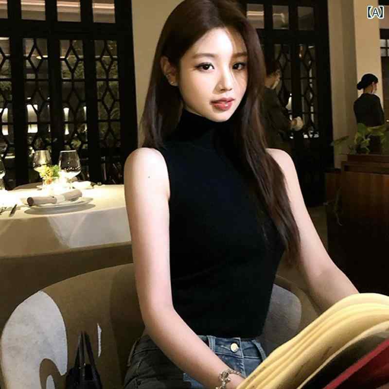 ノースリーブニット レディース おしゃれ 黒 タートルネック 薄手 ウール 秋冬 スリムフィット 韓国 インナー トップス