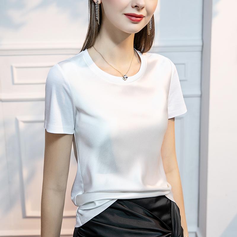 Tシャツ レディース きれいめ おしゃれ 大人 夏 クルーネック 半袖 アセテート サテン風 光沢 体型カバー 涼しい 快適 トップス