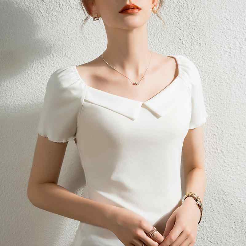 Tシャツ レディース きれいめ おしゃれ 大人 無地 スクエアネック 半袖 フレンチヴィンテージ風 パフスリーブ スリムフィット 切り替え 夏