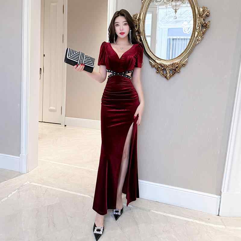 キャバ ワンピース レディース おしゃれ キャバクラ ロング丈 スリット セクシー Vネック 赤 ベルベット風 ナイトクラブ パーティー ドレス 上品 シンプル