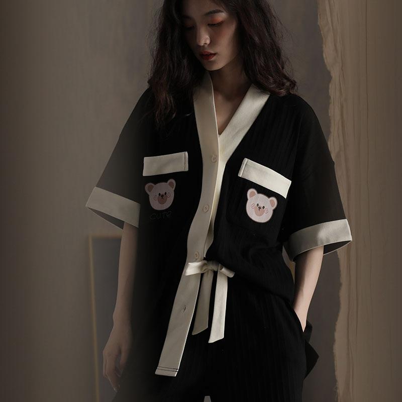 パジャマ レディース おしゃれ 快適 夏 薄手 半袖 小熊 ワンポイント刺繍 ゆったり 学生 ルームウェア 涼しい 風