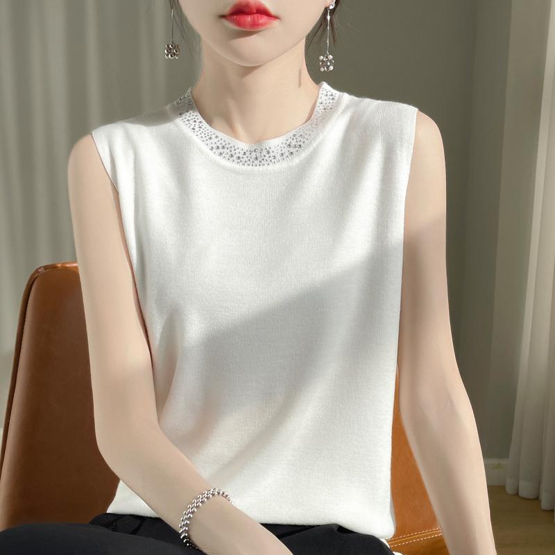 ニット ベスト レディース おしゃれ 大人 きれいめ トップス ウール サマーニット ノースリーブ クルーネック 涼しい 夏 通勤 カジュアル シンプル