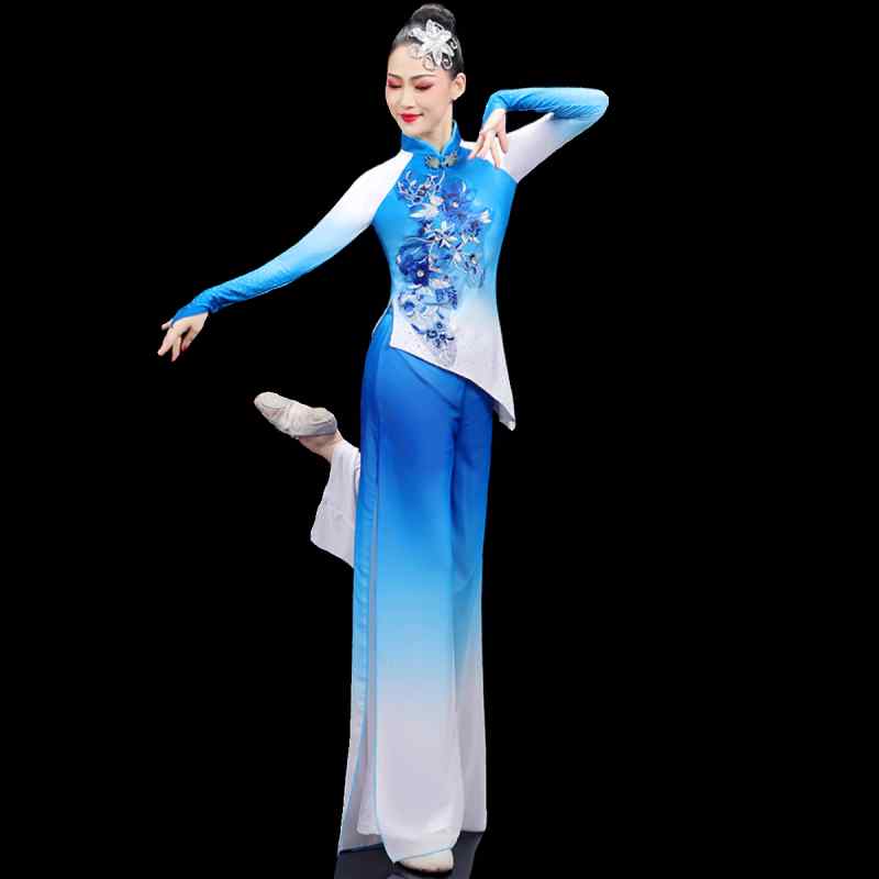 セットアップ レディース おしゃれ 上下 中国風 舞台 衣装 社交ダンス モダン秧歌 長袖 グラデーションカラー ダンス衣装