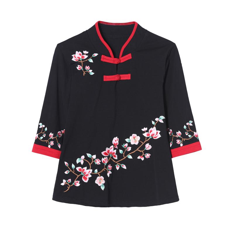 トップス レディース おしゃれ 大きいサイズ 春 チャイナ風 刺繍 花柄 レトロ オリエンタル 七分袖 tシャツ 体型カバー アジアンモダン 上品