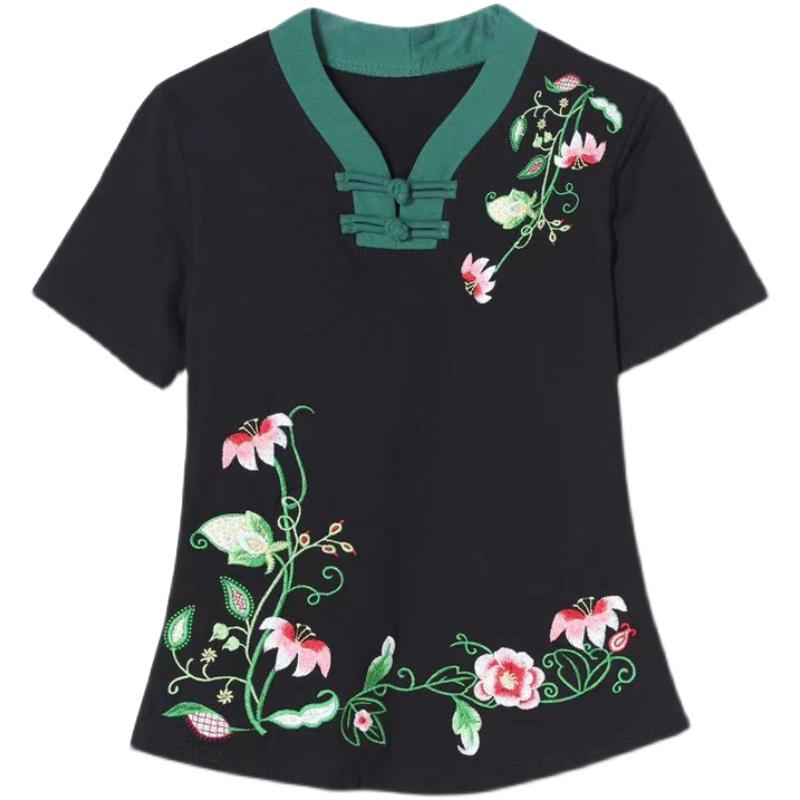 Tシャツ レディース おしゃれ 半袖 中国風 パンコウ 刺繍 花柄 民族風 きれいめ 夏 スリム トップス レトロ 上品