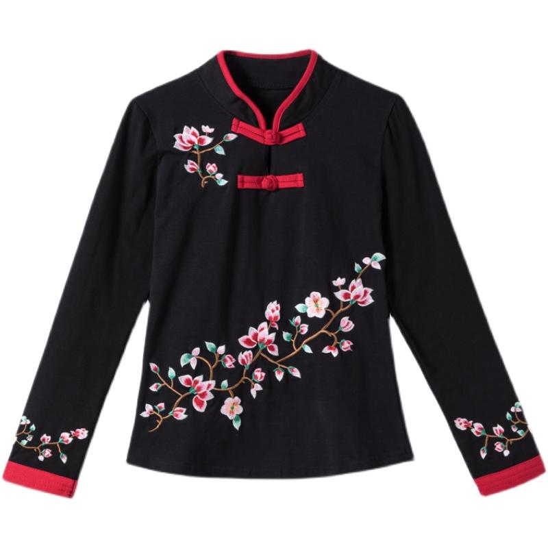 長袖Tシャツ レディース おしゃれ 中国風 刺繍 綿 花柄 レトロ 大きいサイズ 長袖 トップス