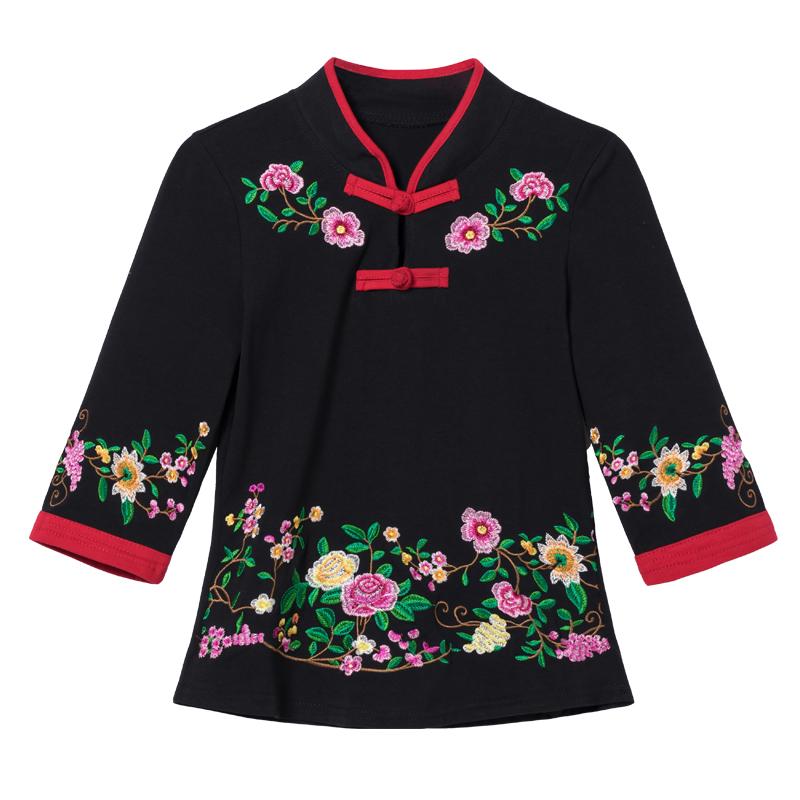 Tシャツ レディース おしゃれ 七分袖 花刺繍 スタンドカラー チャイナボタン 大きいサイズ 中国風 レトロ