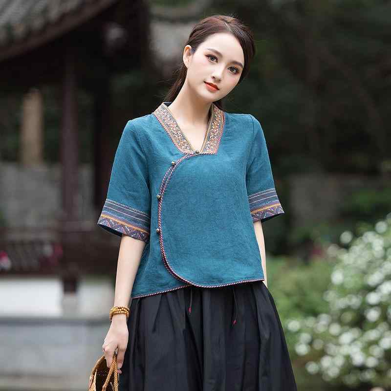 Tシャツ レディース おしゃれ 夏 Vネック 刺繍 綿麻 ショート 中国風 民族風 クラシック レトロ
