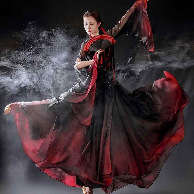 社交ダンス お召しもの レディース 今めかしい 中国風 一こま ロングスコート 花柄 レトロ 踊り 赤黒 気が大きい裾 晴れ晴れしい 監督用 書きあらわす力 一こま 演奏