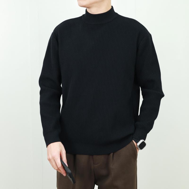 ニット メンズ おしゃれ 秋冬 厚手 ハーフハイネック リブ 螺旋模様 長袖 プルオーバー 韓国 カジュアル シンプル
