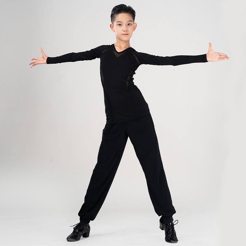 ラテンダンスシャツ キッズ 男の子 Vネック 半袖 メッシュ 冬 演出 ?習用 ブラック 上品 ステージ衣装
