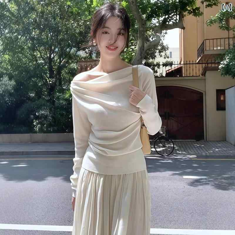 ニットトップス レディース おしゃれ 白 スリムフィット ドレープネック オフショルダー 春 欲 大人可愛い 抜け感 上品