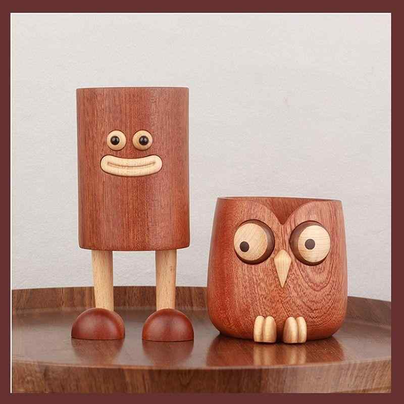 ペン立て 木製 かわいい フクロウ グッズ 無垢材 ホルダー デスク メイクブラシ 文具 リモコン 小物 収納 インテリア 装飾 リビング プレゼント 木目 竹 茶色