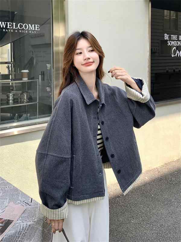 上衣 レディース 今めかしい 成年者 烏兎 深薄墨色 縞模様 うつり変わり レトロ 小っちゃい 体型覆いかぶせる 好いたらしい 襟
