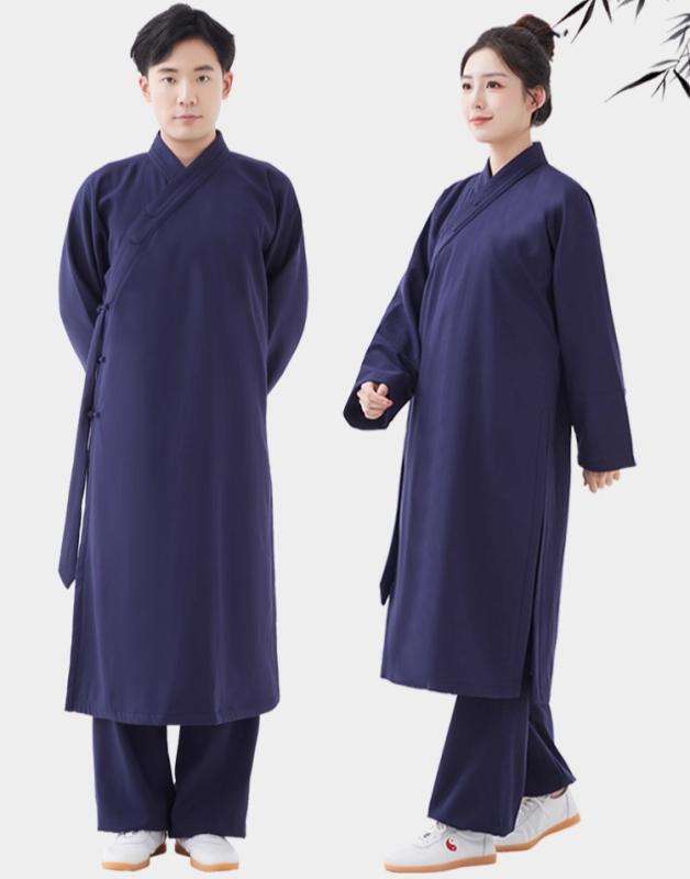 中国 衣装 道士服 ローブ 大人 メンズ レディース 大きいサイズ コットン リネン 長袖 厚手 中綿 キルティング 暖かい 柔らかい ゆったり ポケット 法衣 経衣 武術 太極拳 カンフー 練習 演劇 舞台 ステージ 演出 写真 撮影 紺 白 黒|フロントップ店