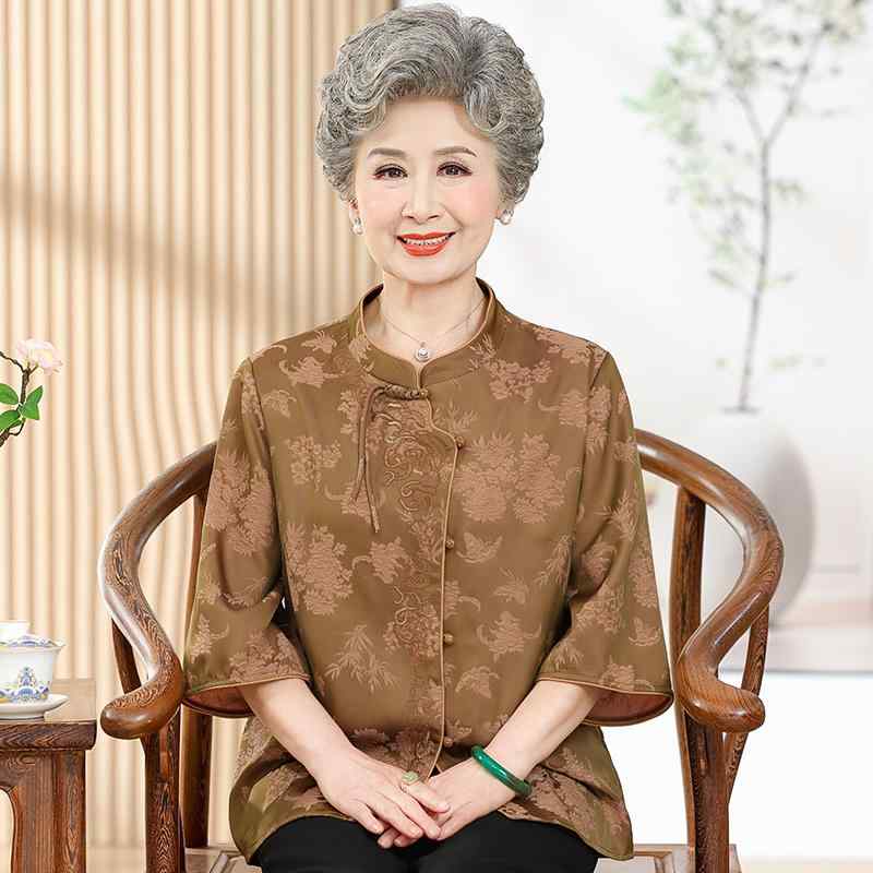 プルオーバー レディース 今めかしい 年がしら 成人女性服 60代 七分袖 中国風 花柄 母 照明ランプ色つや ゆったり 春夏 窈窕たる