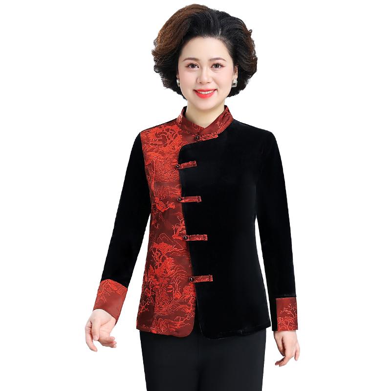 セットアップ レディース 今めかしい 年がしら お上さん服 60代 秋 春 長袖 雅びやか ゴールド 黒いこと 刺しゅう風 名取り草 中華風 亭主持ち ゆったり おっ母さん
