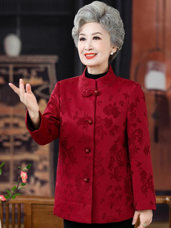 上衣 レディース 今めかしい 年がしら お上さん服 60代 秋冬 長袖 照明ランプ色合い 花柄 赤 中国風 瀬戸もの風 母 おっ母さん 差し上げ物 敬老 雅びやか