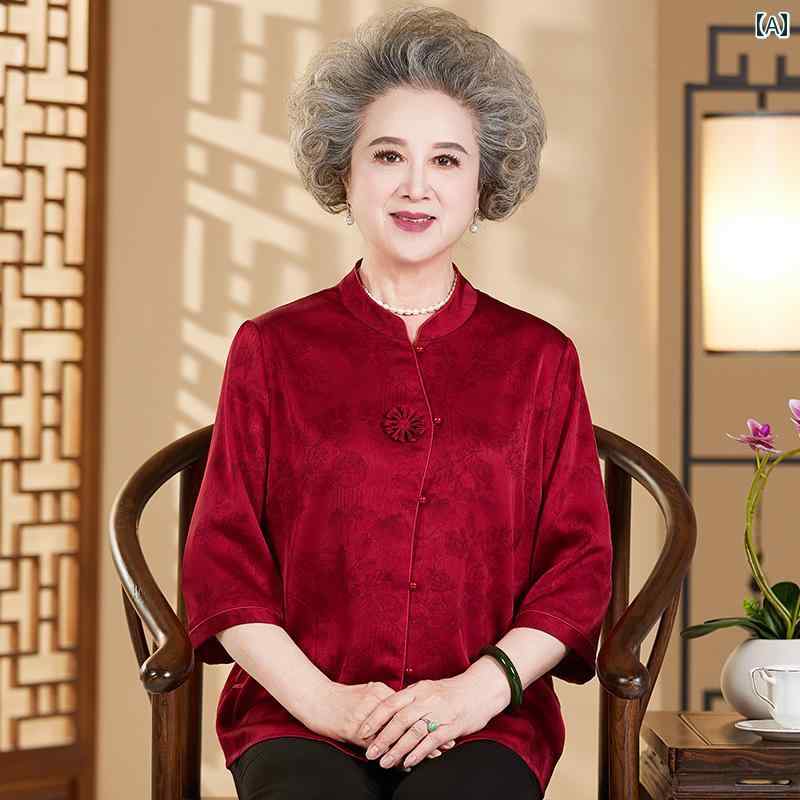 シャツ レディース おしゃれ シニア 婦人服 60代 中華風 七分袖 スタンドカラー 赤 結婚式 パーティー ミセス 上品 お祝い きれいめ 大きいサイズ｜フロントップ店