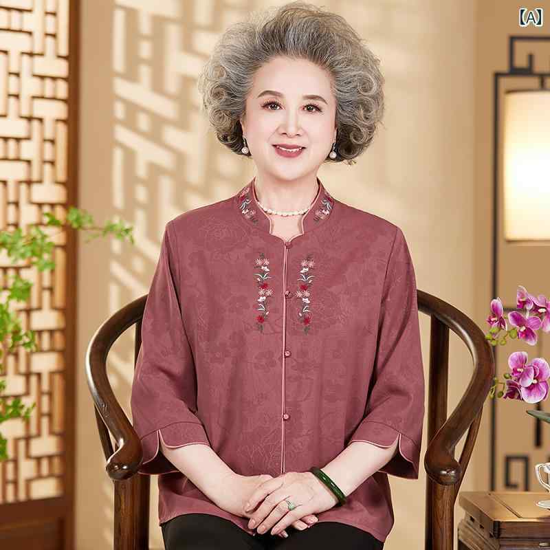 プルオーバー レディース 今めかしい 年がしら 成人女性服 60代 50代 照明ランプ色つや 中国風 刺しゅう風 七分袖 夏 お母さん 差し上げ物 窈窕たる ゆったり