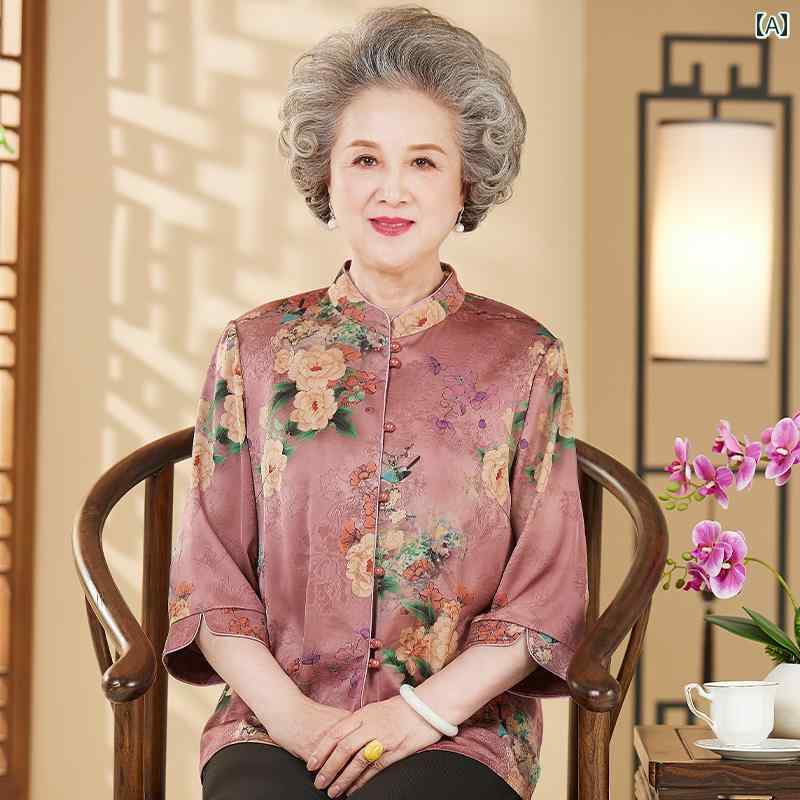 シャツ レディース おしゃれ シニア 婦人服 60代 夏 花柄 七分袖 スタンドカラー 上品 母 女性 エレガント｜フロントップ店